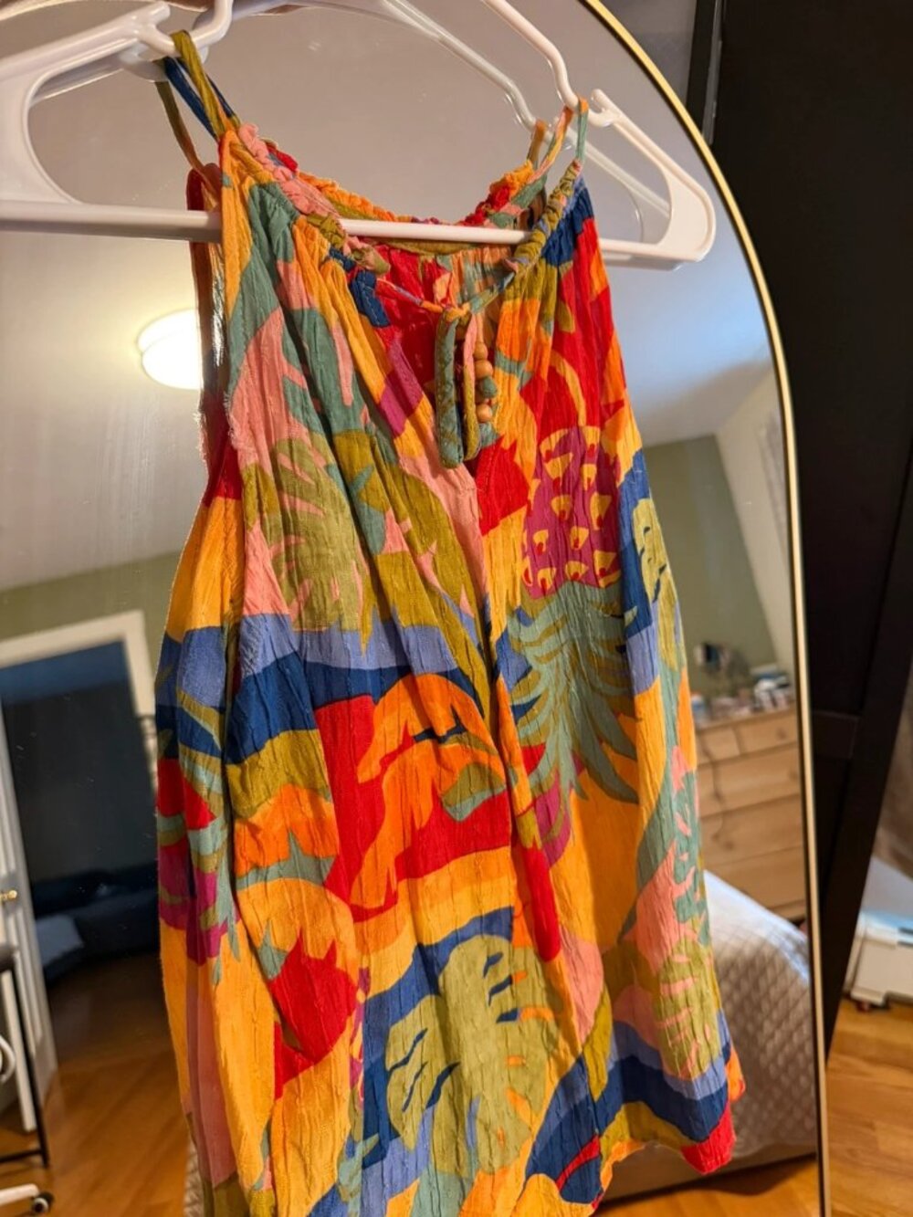 Christian Siriano New York Tropical Print Top Braided Tie Wood Beads S NWOT